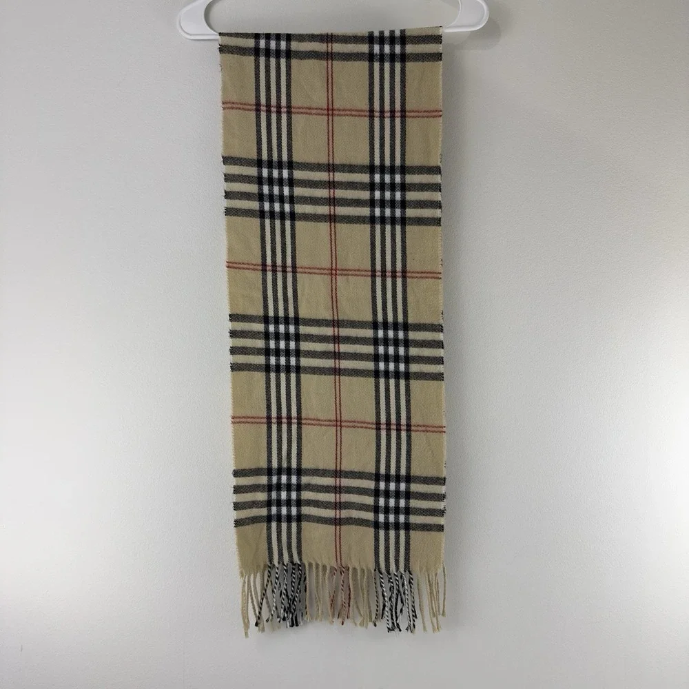 Women's Checked Lambswool Scarf Made in Italy –‎ Beige Black Red Fringe